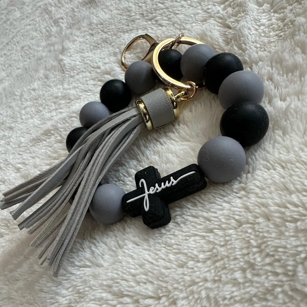 Wristlet Keychain Jesus Cross Tassel Black & Gray Beaded Keychain Bracelet NWT